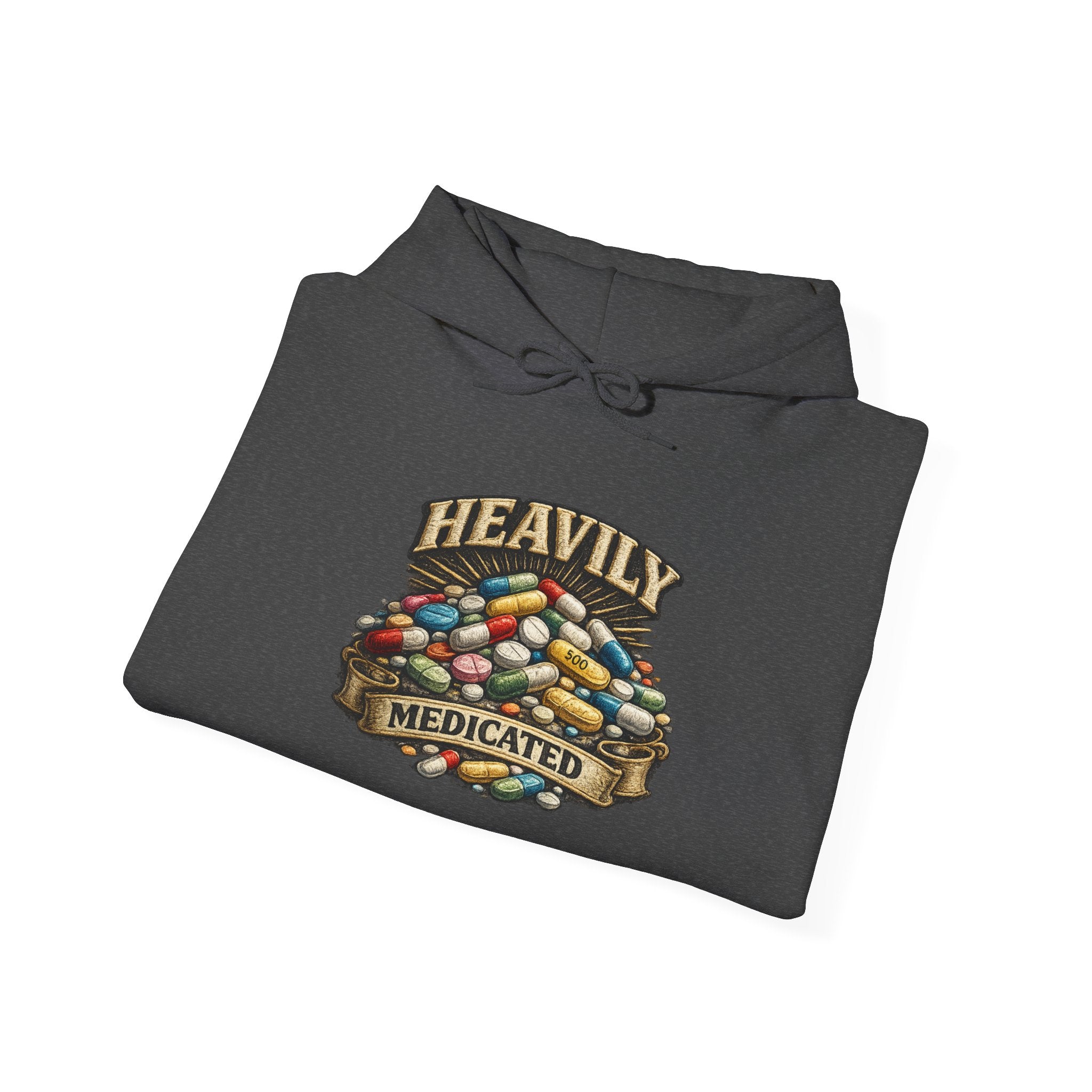 Heavily Medicated Hoodie — 'Heavily Medicated' Pill Pile Graphic Pullover