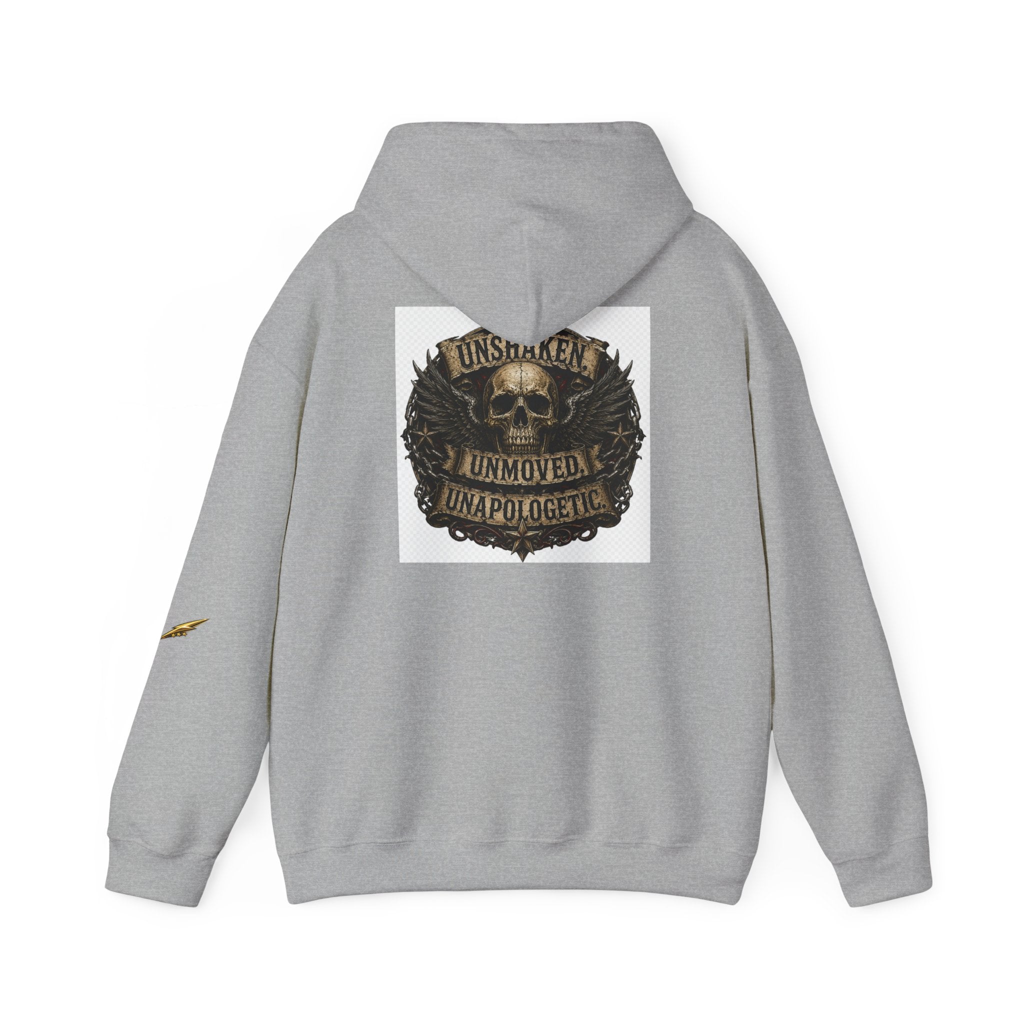 Hoodie — "Unshaken, Unmoved, Unapologetic" Skull Crest Back Print
