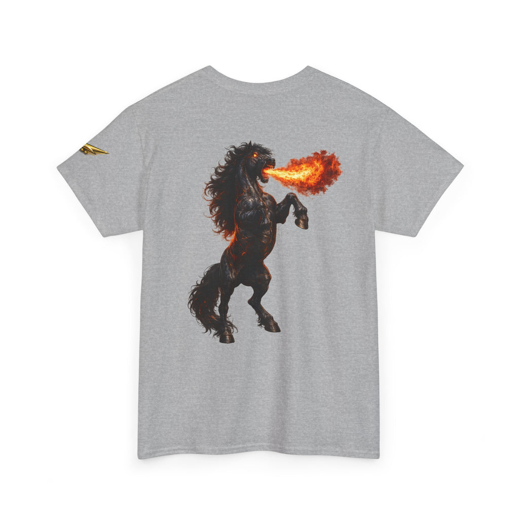 Fire-Breathing Horse Graphic Tee — Mythic Black Stallion Back Print