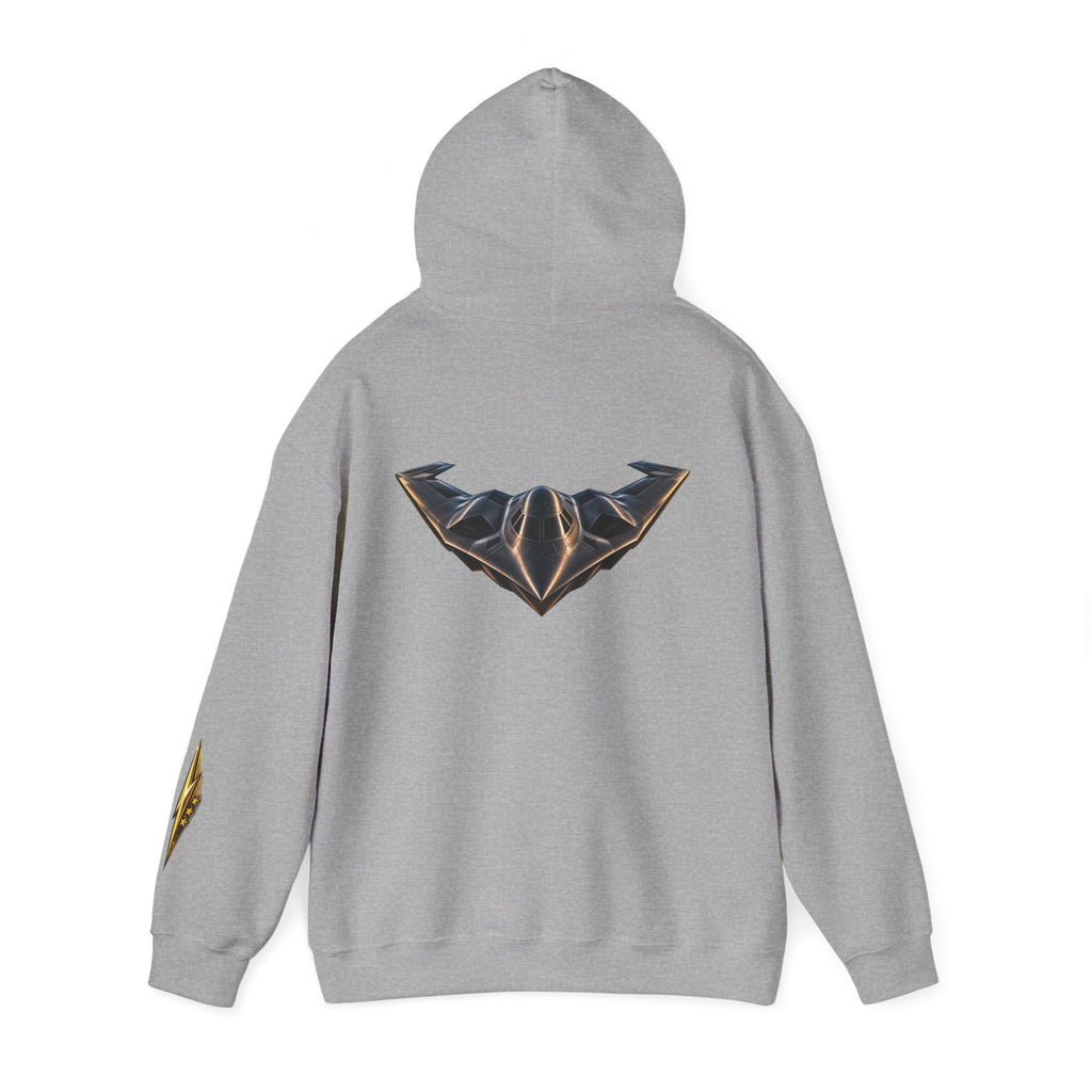 Emblem Armor Hoodie — Black Metallic Crest Back Jet Graphic Hoodie