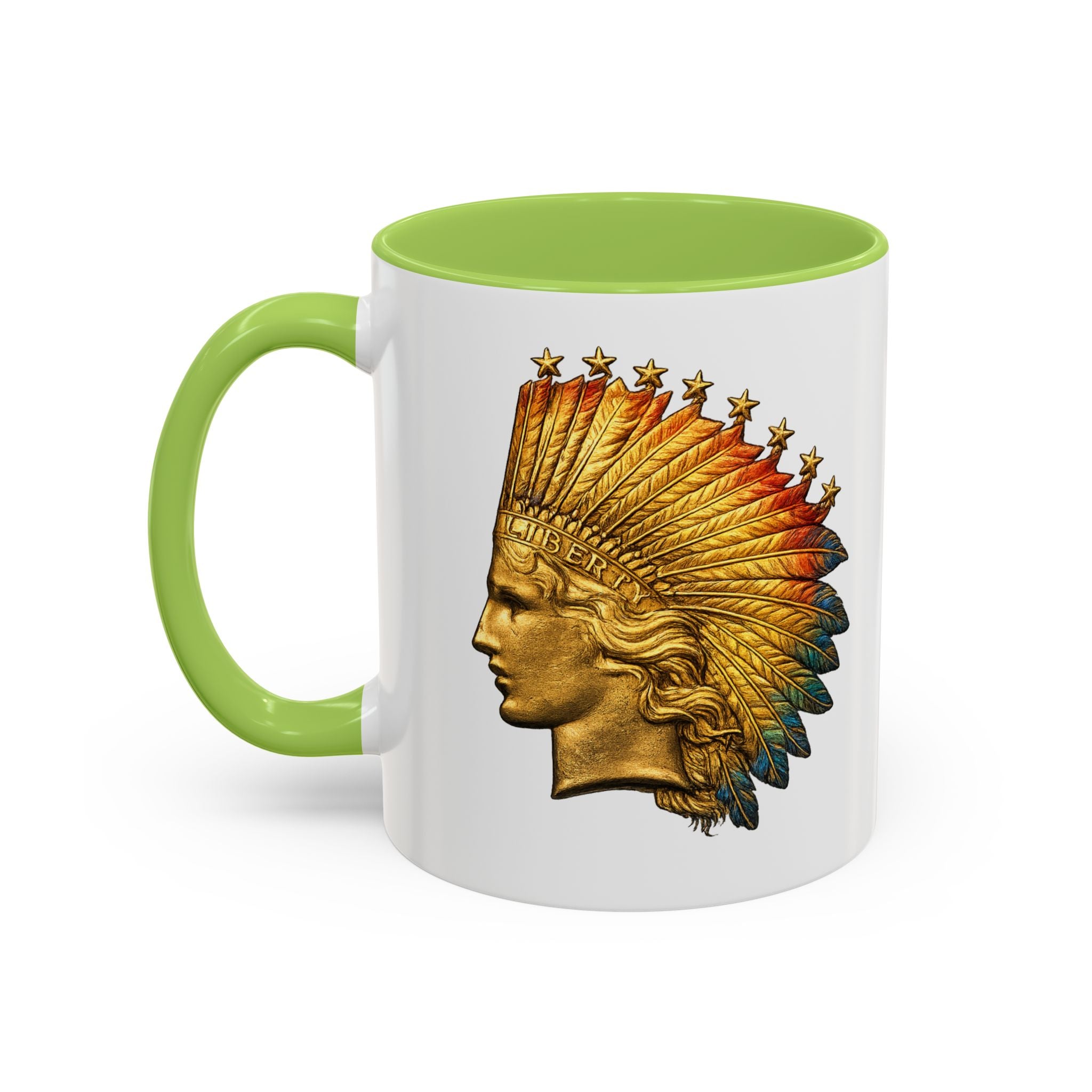 Golden Native Headdress Accent Coffee Mug – Vintage Indian Chief Design (11/15oz)