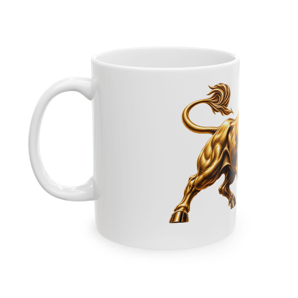 Golden Charging Bull Ceramic Mug - Bold Stock Market Coffee Cup (11oz, 15oz)