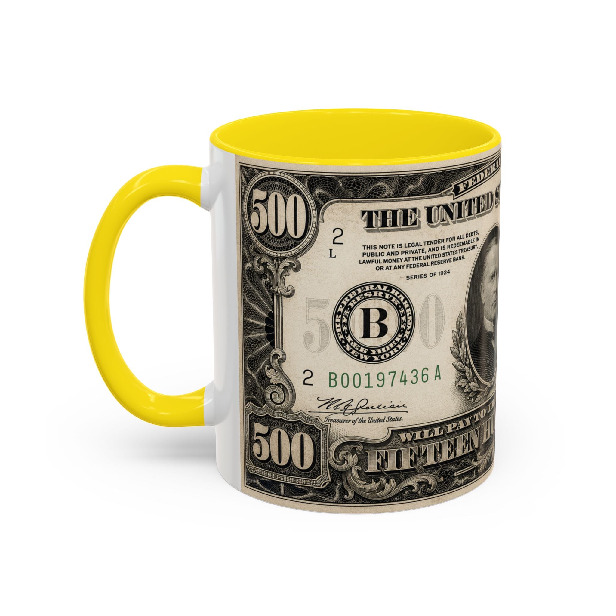 Money Print Coffee Mug — Vintage 1000 & 500 Note Accent Mug
