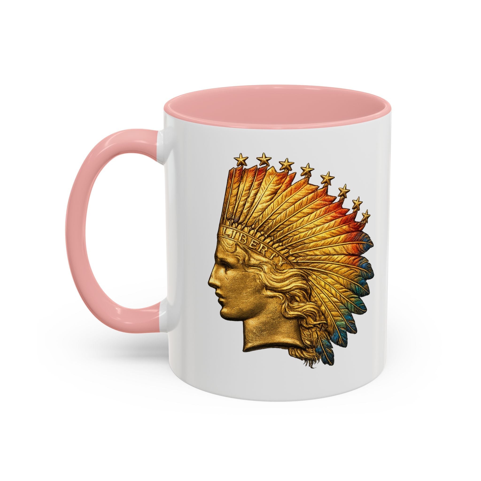 Golden Native Headdress Accent Coffee Mug – Vintage Indian Chief Design (11/15oz)