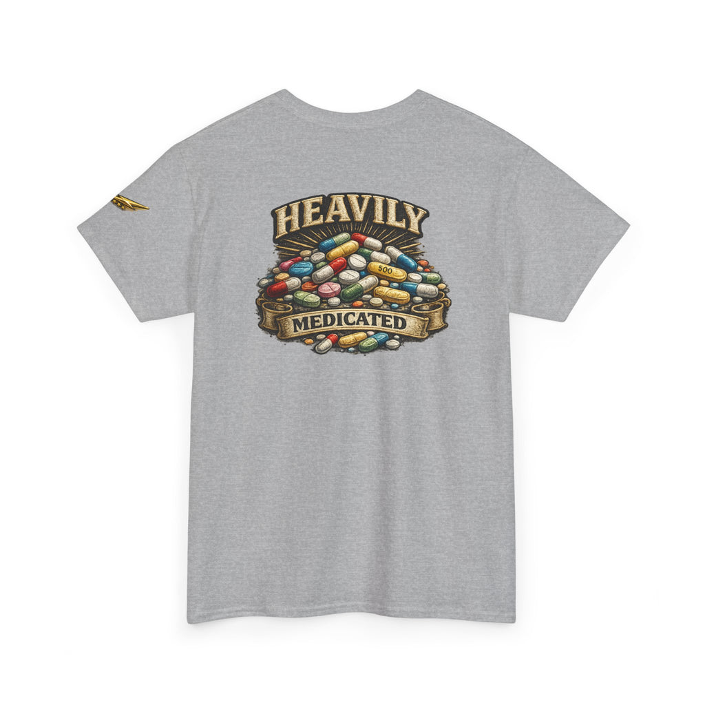 Heavily Medicated Tee — Graphic Pill Pile Back Print T‑Shirt