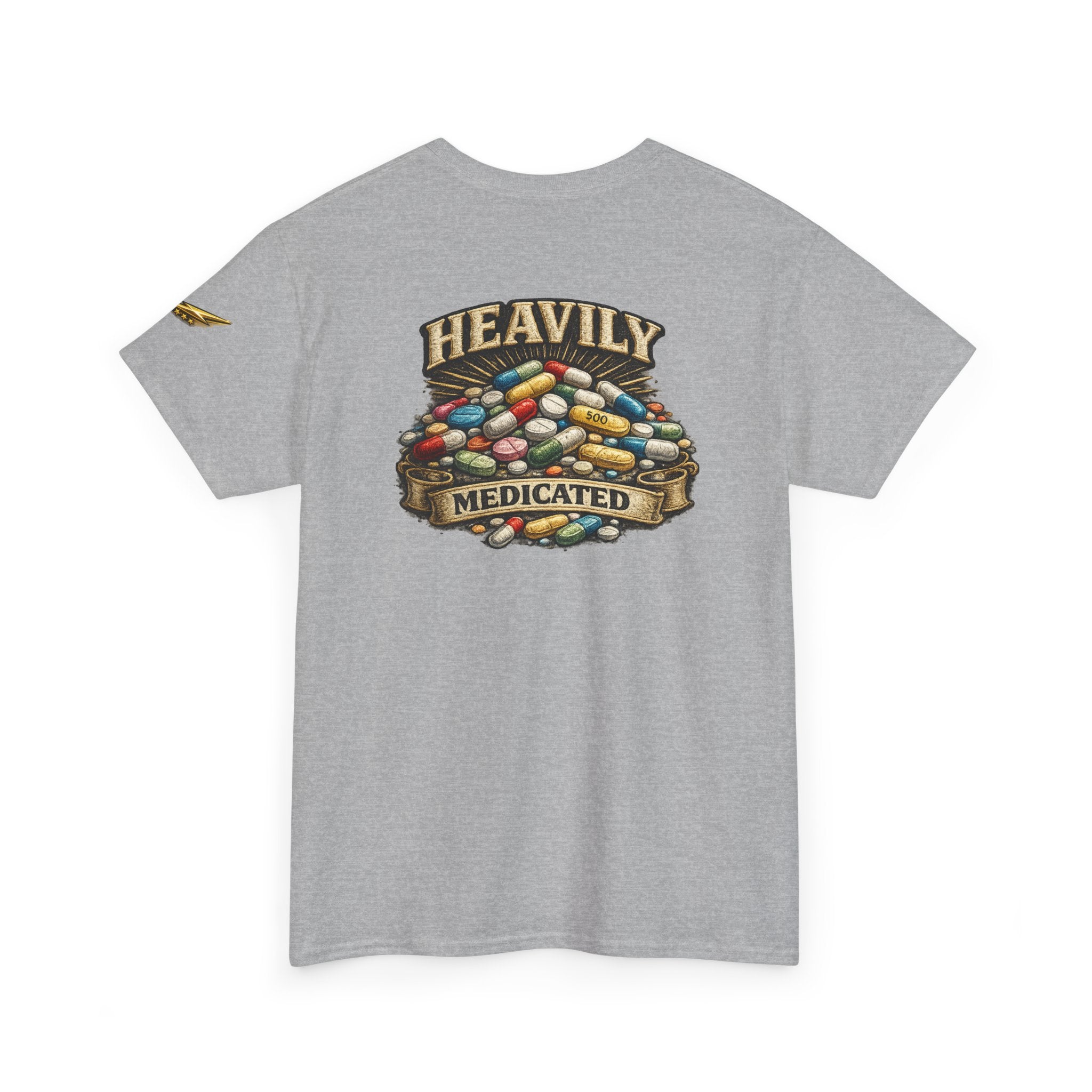 Heavily Medicated Tee — Graphic Pill Pile Back Print T‑Shirt