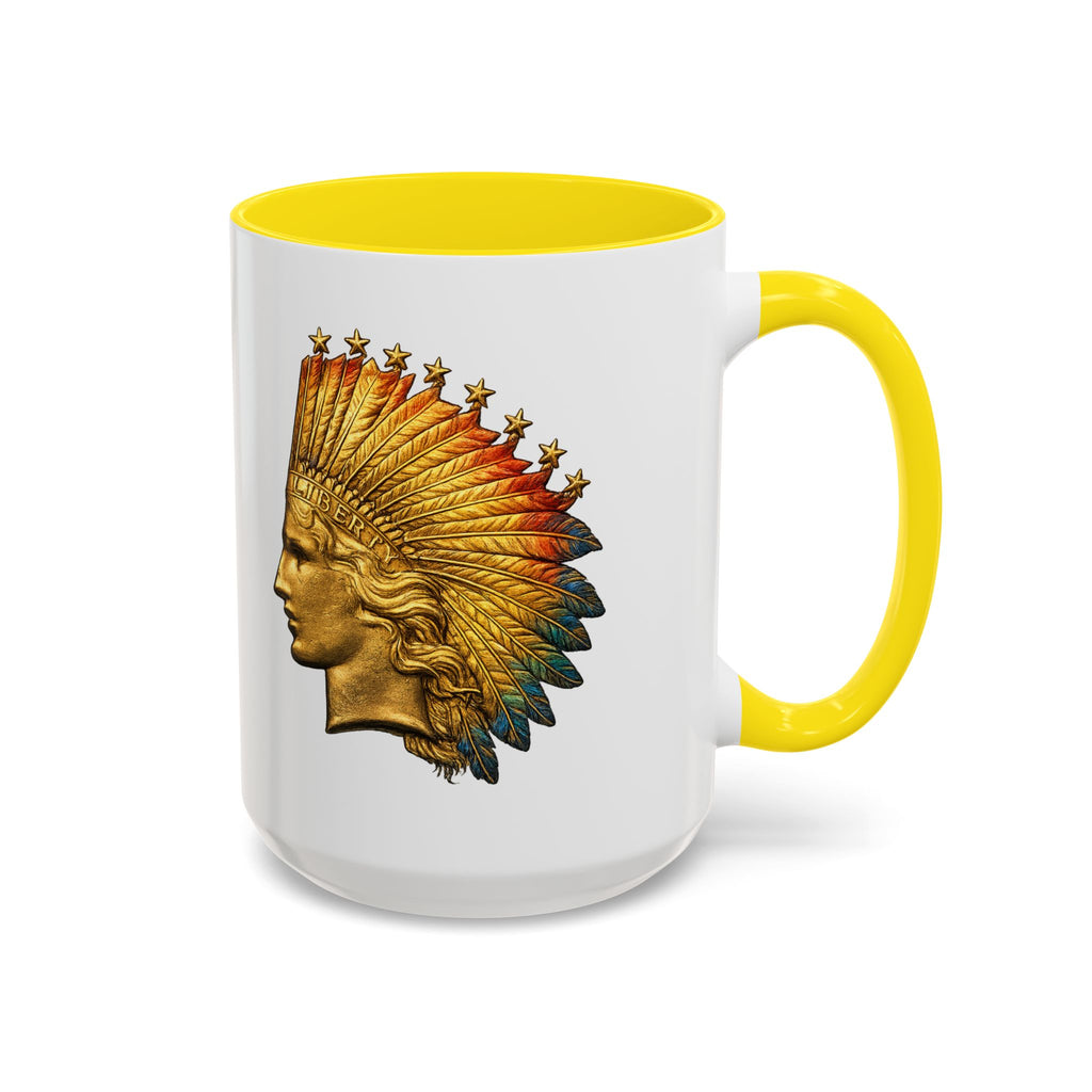 Golden Native Headdress Accent Coffee Mug – Vintage Indian Chief Design (11/15oz)