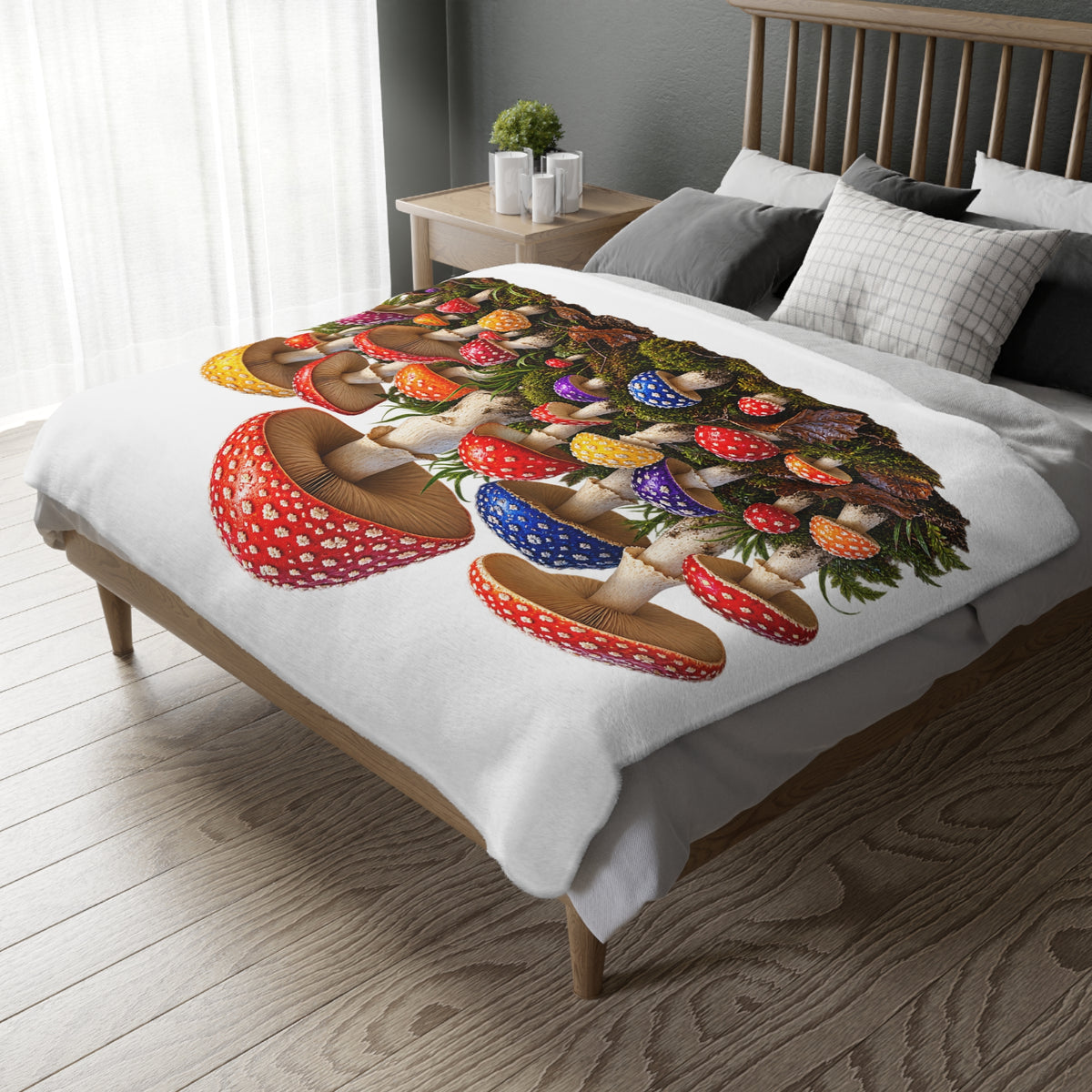 Psychedelic Toadstool Mushroom Blanket — Colorful Fungi Velveteen Throw