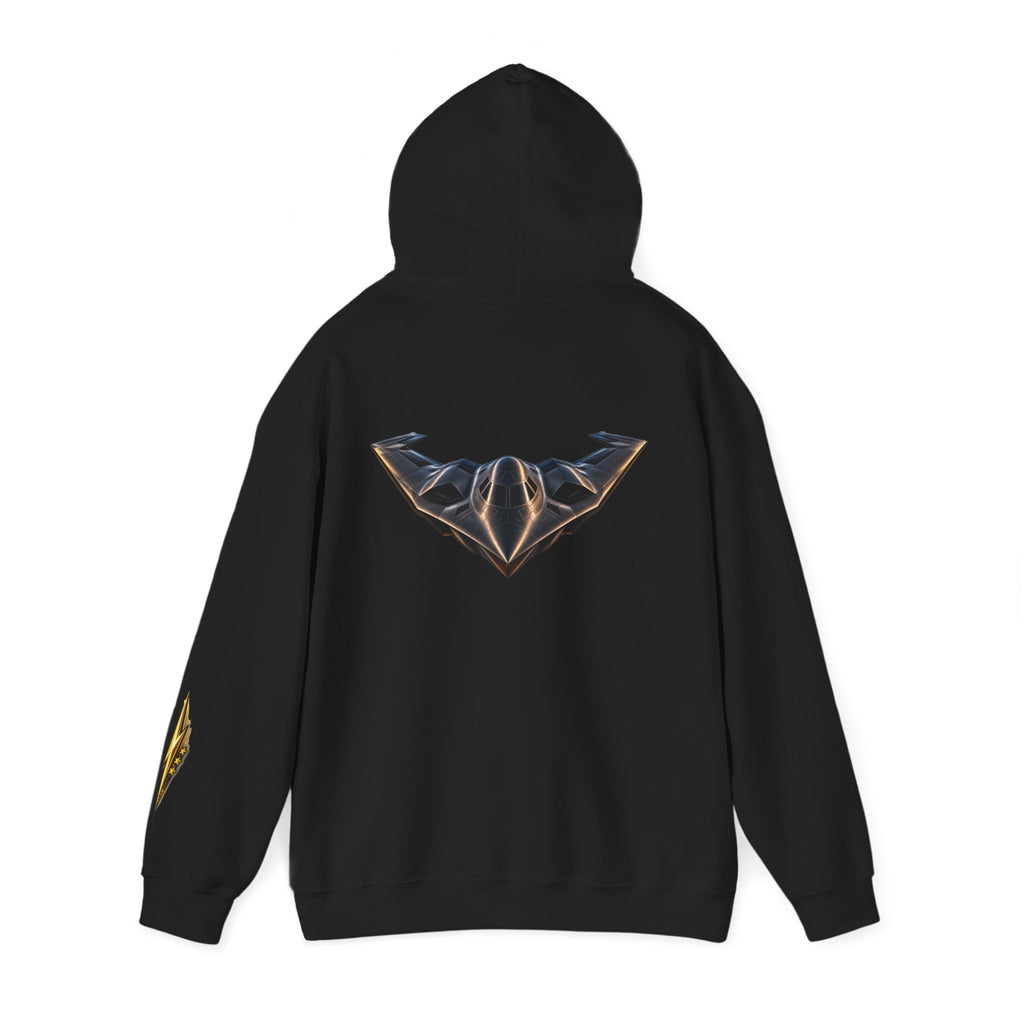 Emblem Armor Hoodie — Black Metallic Crest Back Jet Graphic Hoodie