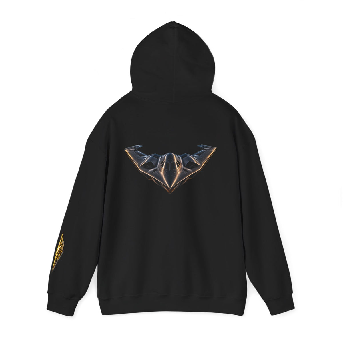Emblem Armor Hoodie — Black Metallic Crest Back Jet Graphic Hoodie