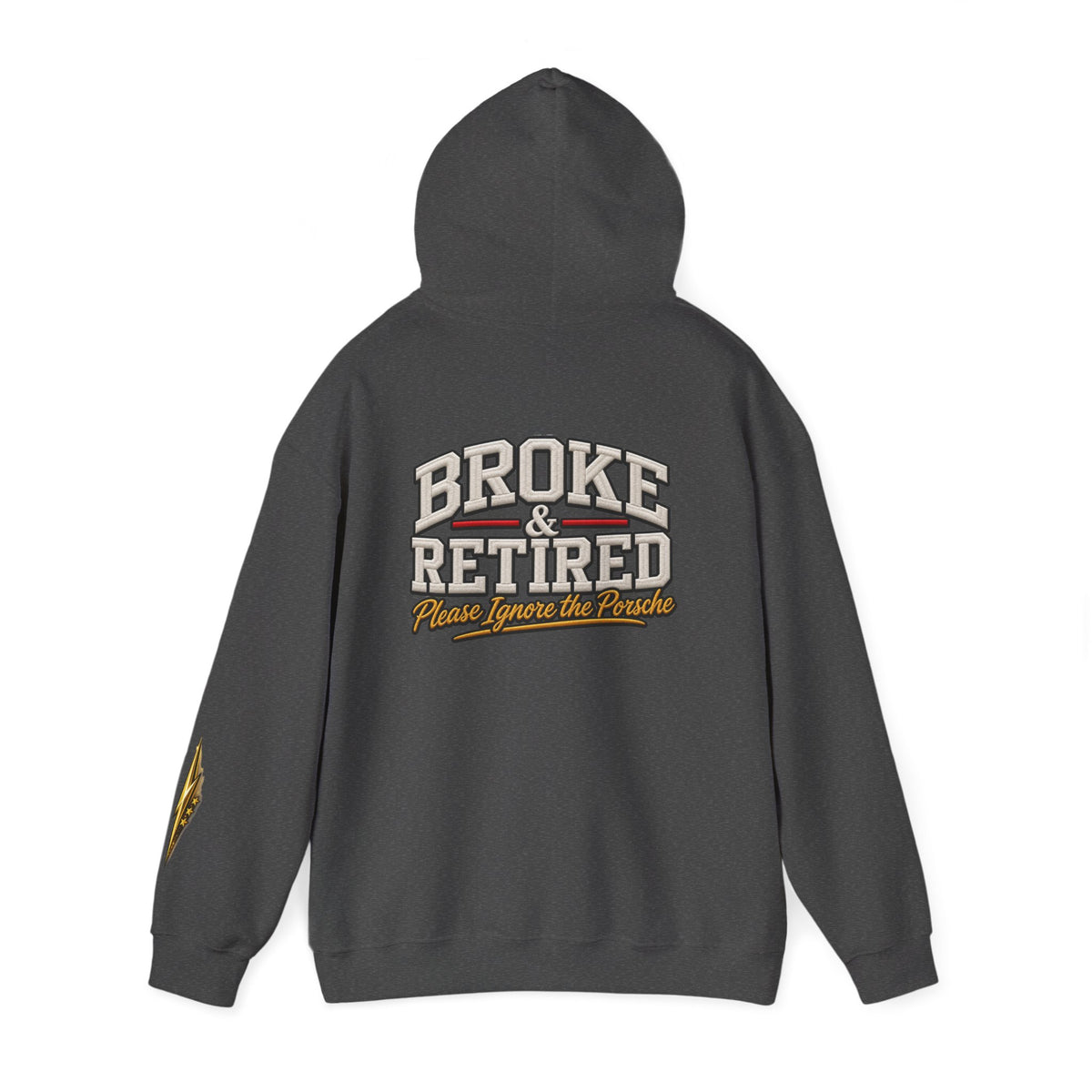 Broke & Retired Hoodie — 'Please Ignore the Pockets' Graphic Sweatshirt