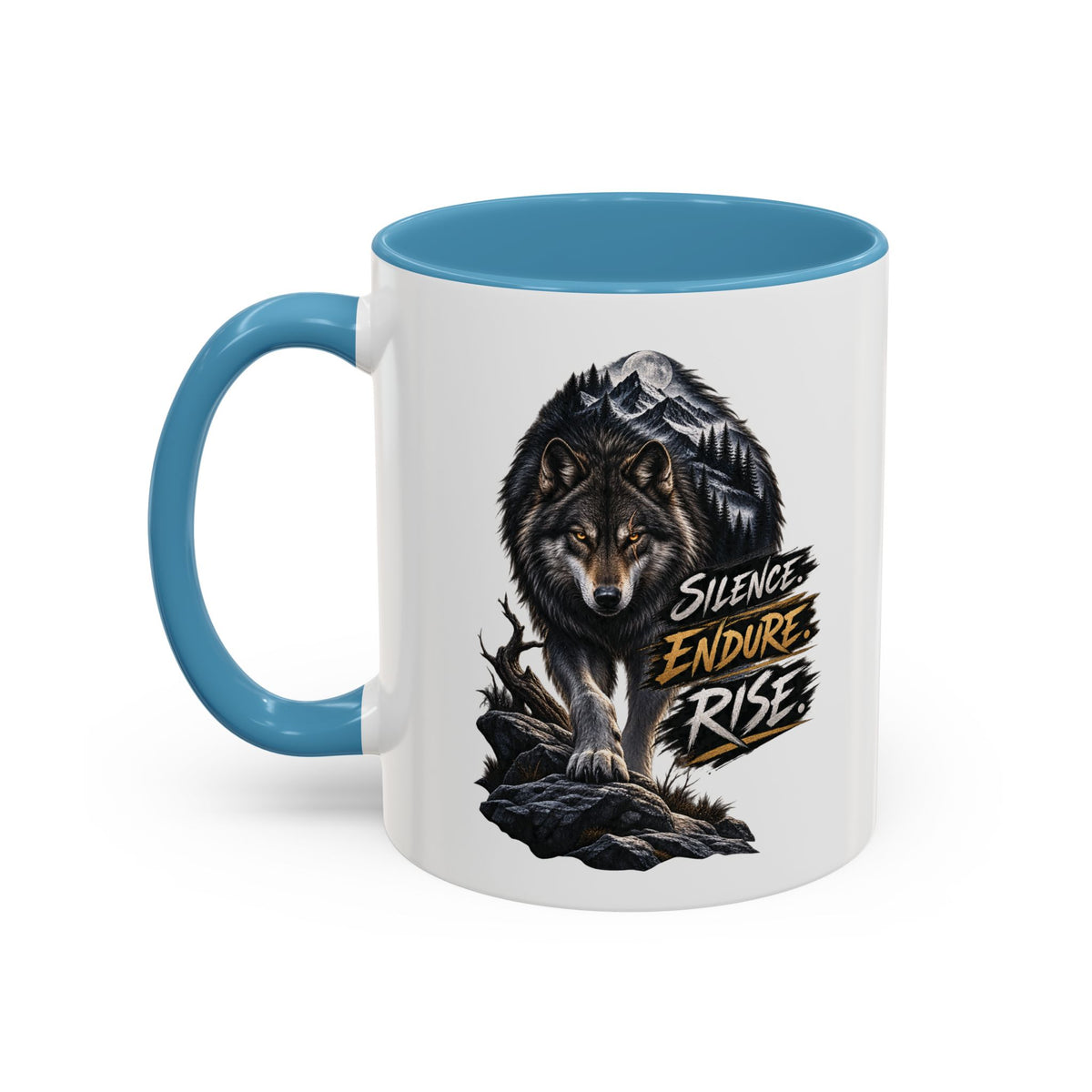 Wolf Graphic Coffee Mug — "Silence Endure Rise" Accent Ceramic Mug (11/15oz)