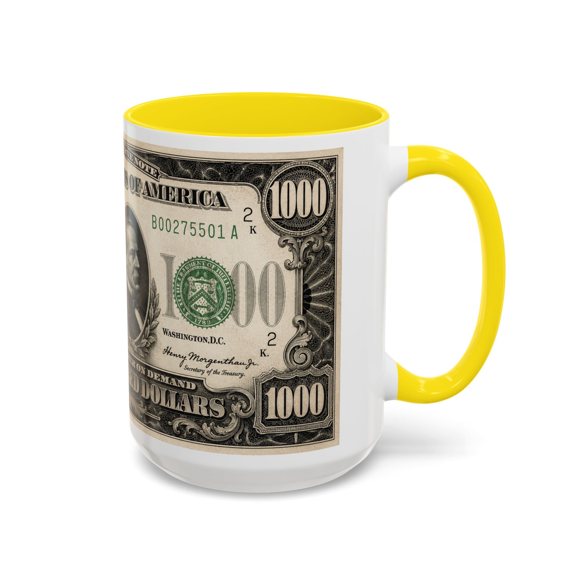Money Print Coffee Mug — Vintage 1000 & 500 Note Accent Mug