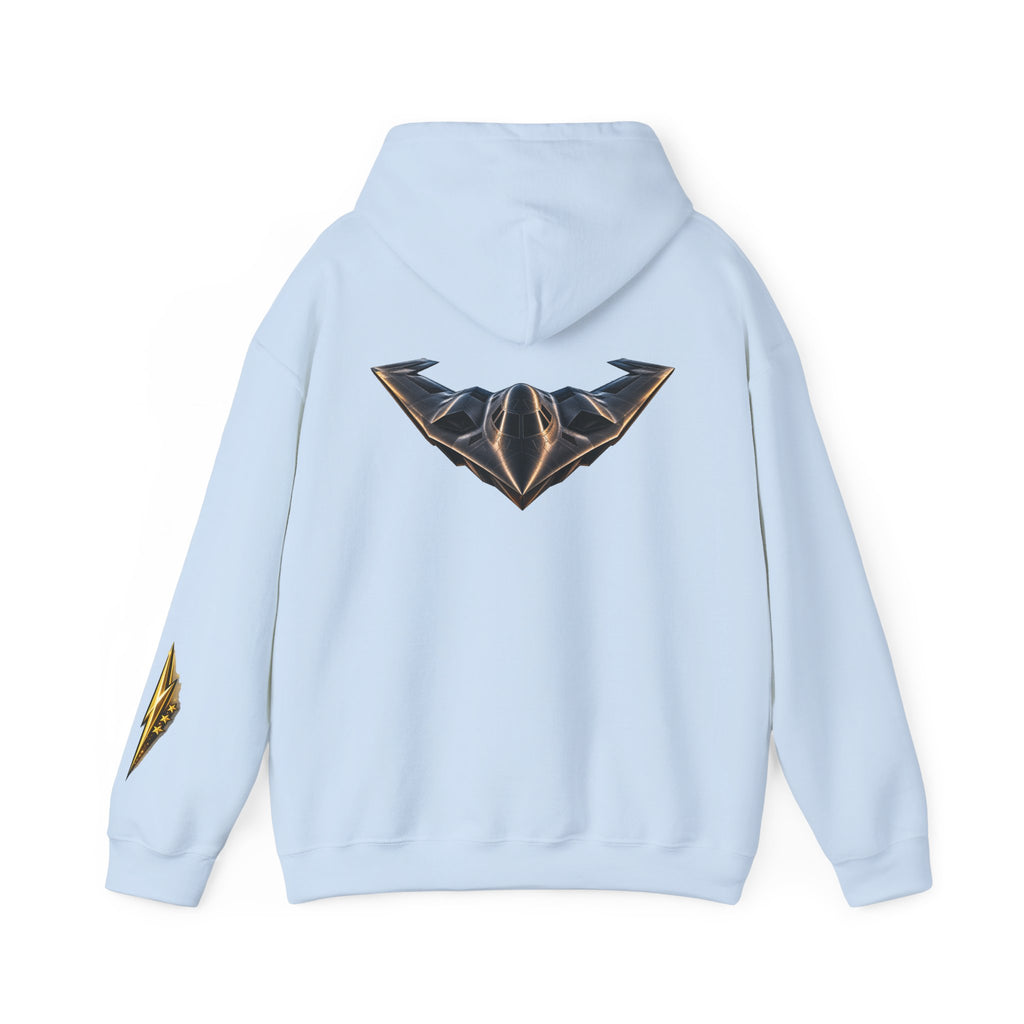 Emblem Armor Hoodie — Black Metallic Crest Back Jet Graphic Hoodie
