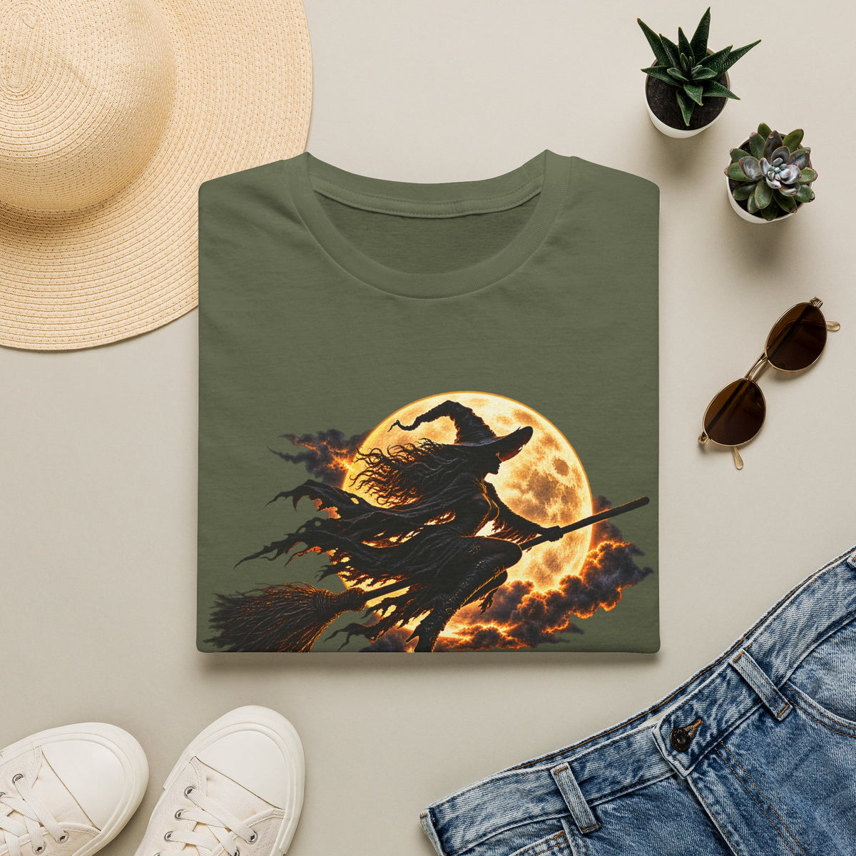 Witch Silhouette T-Shirt — Flying Witch & Full Moon Halloween Tee