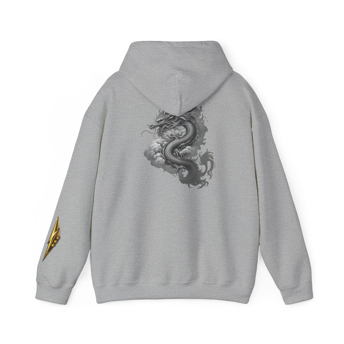 Dragon Graphic Hoodie — Monochrome Oriental Dragon Back Print, Sleeve Emblem