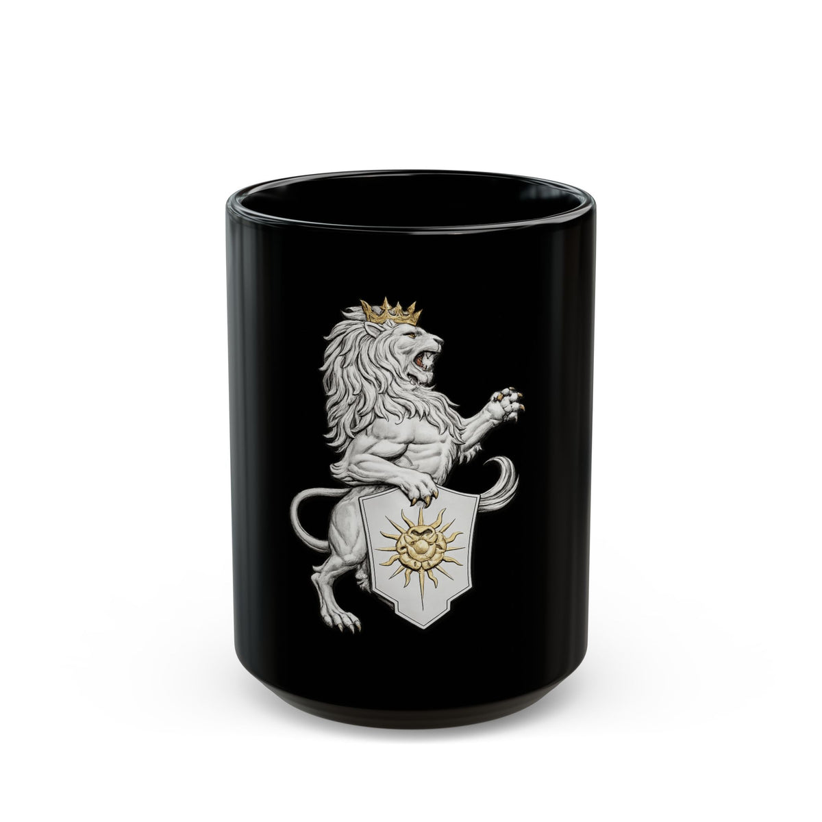 Regal Lion Crest Black Mug – Crowned Lion with Sun Shield, Medieval Heraldry Coffee Cup