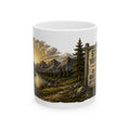 Sunrise Wilderness Ceramic Mug — Scenic Mountains & 'Seek Adventure' Sign (11oz, 15oz)