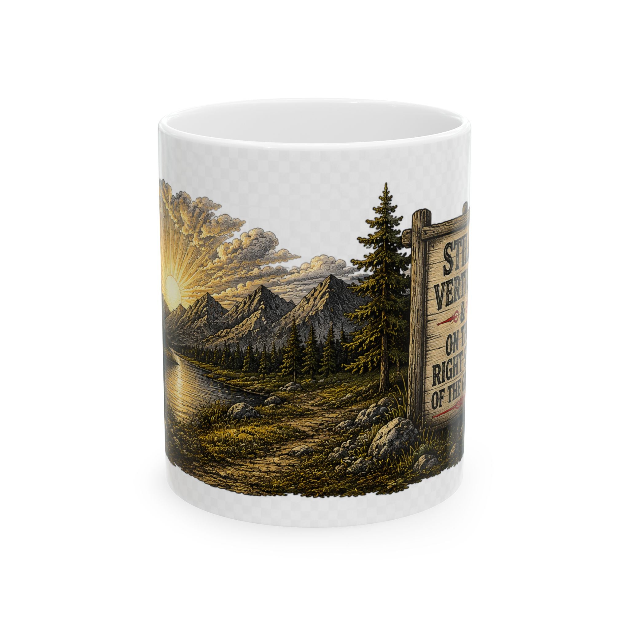 Sunrise Wilderness Ceramic Mug — Scenic Mountains & 'Seek Adventure' Sign (11oz, 15oz)