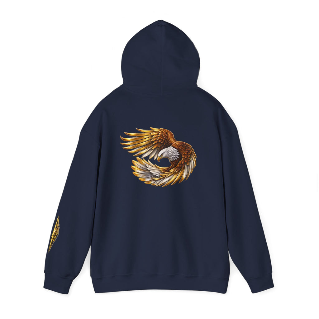 Eagle Wing Circle Hoodie — Golden Flying Eagle Back Graphic Sweatshirt