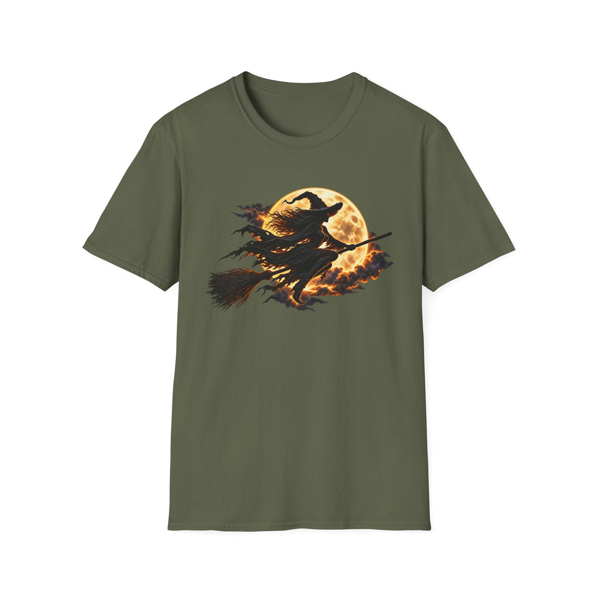 Witch Silhouette T-Shirt — Flying Witch & Full Moon Halloween Tee