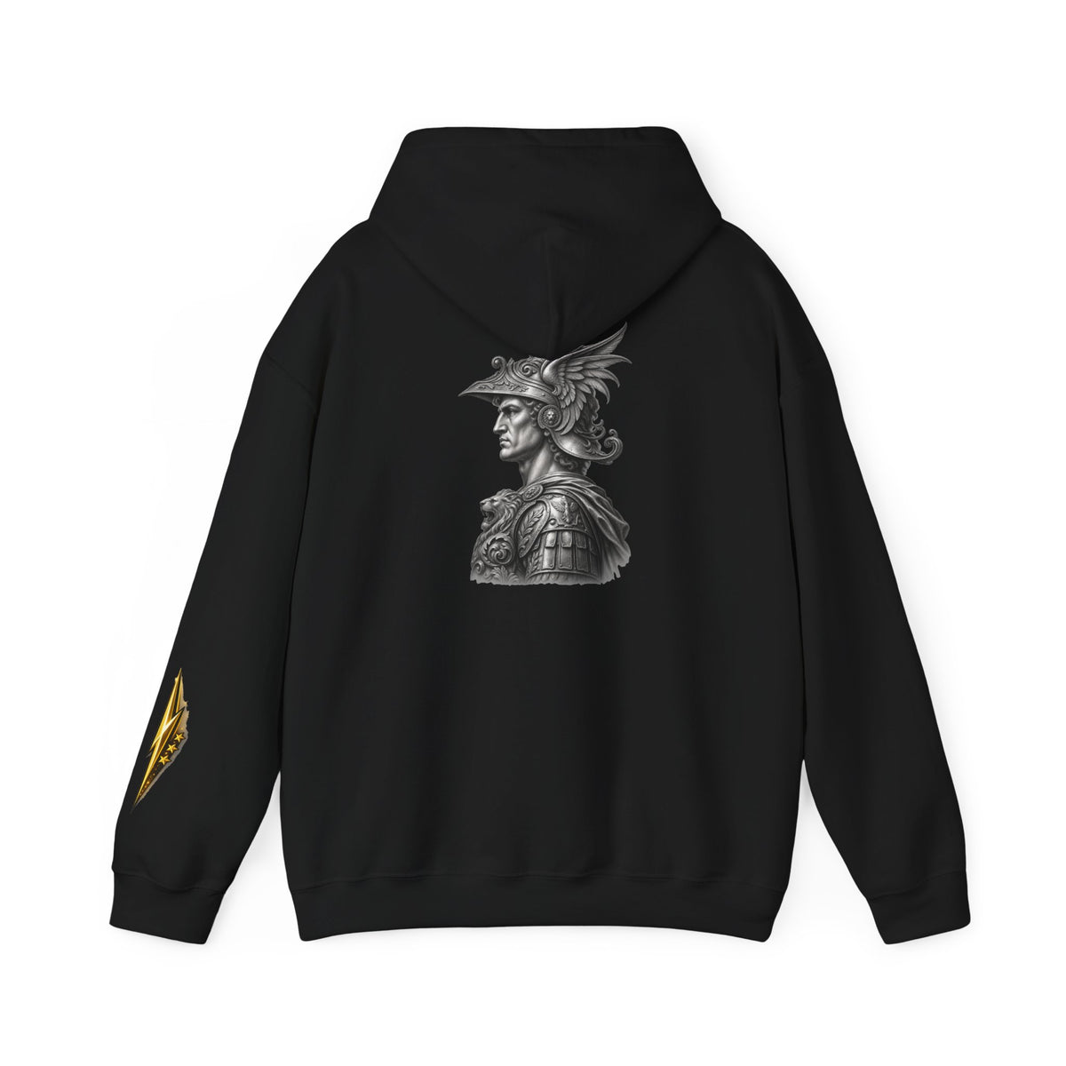 Roman Soldier Hoodie — Detailed Bust Illustration on Back, Gold Sleeve Emblem