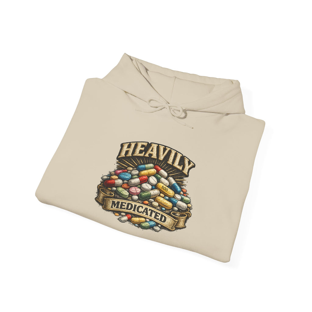 Heavily Medicated Hoodie — 'Heavily Medicated' Pill Pile Graphic Pullover