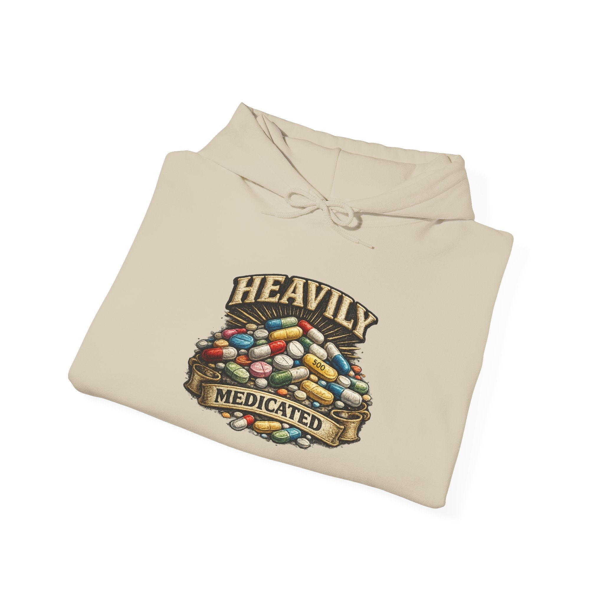 Heavily Medicated Hoodie — 'Heavily Medicated' Pill Pile Graphic Pullover
