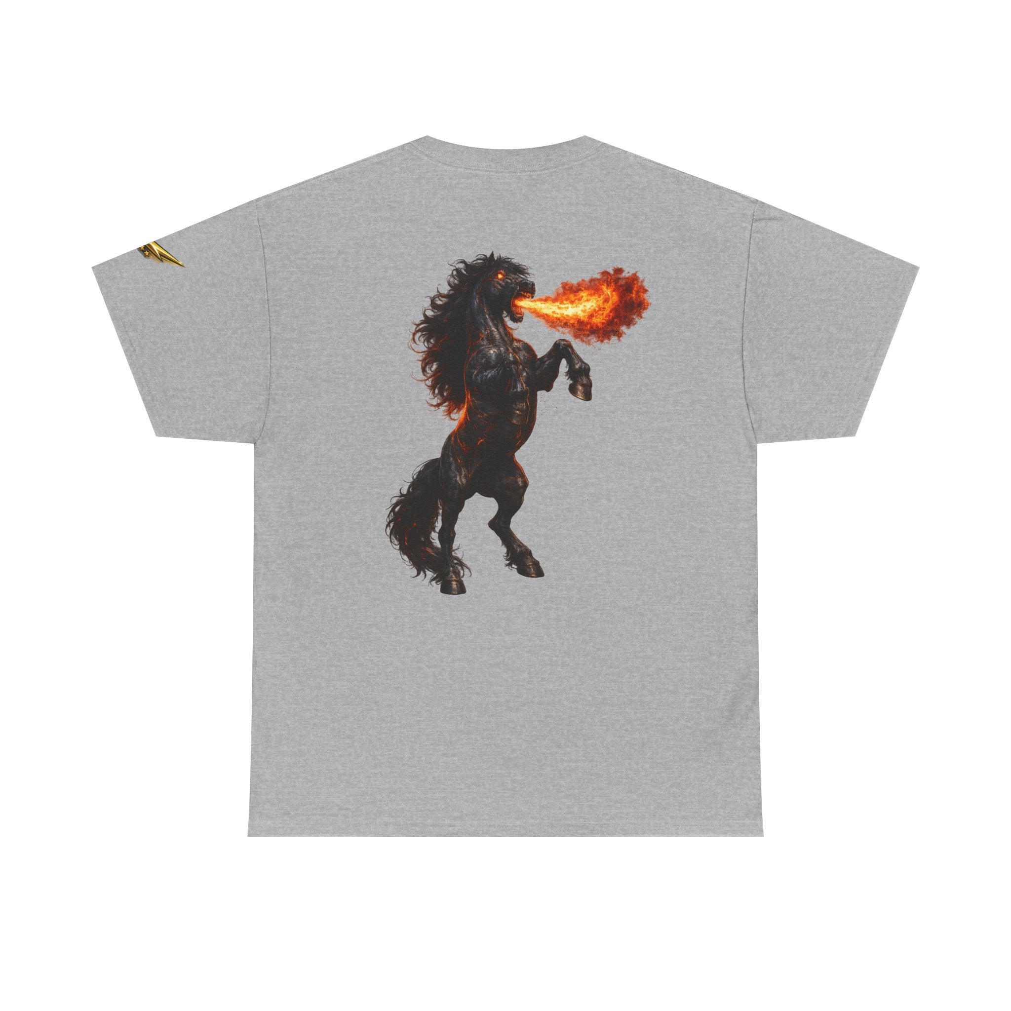 Fire-Breathing Horse Graphic Tee — Mythic Black Stallion Back Print