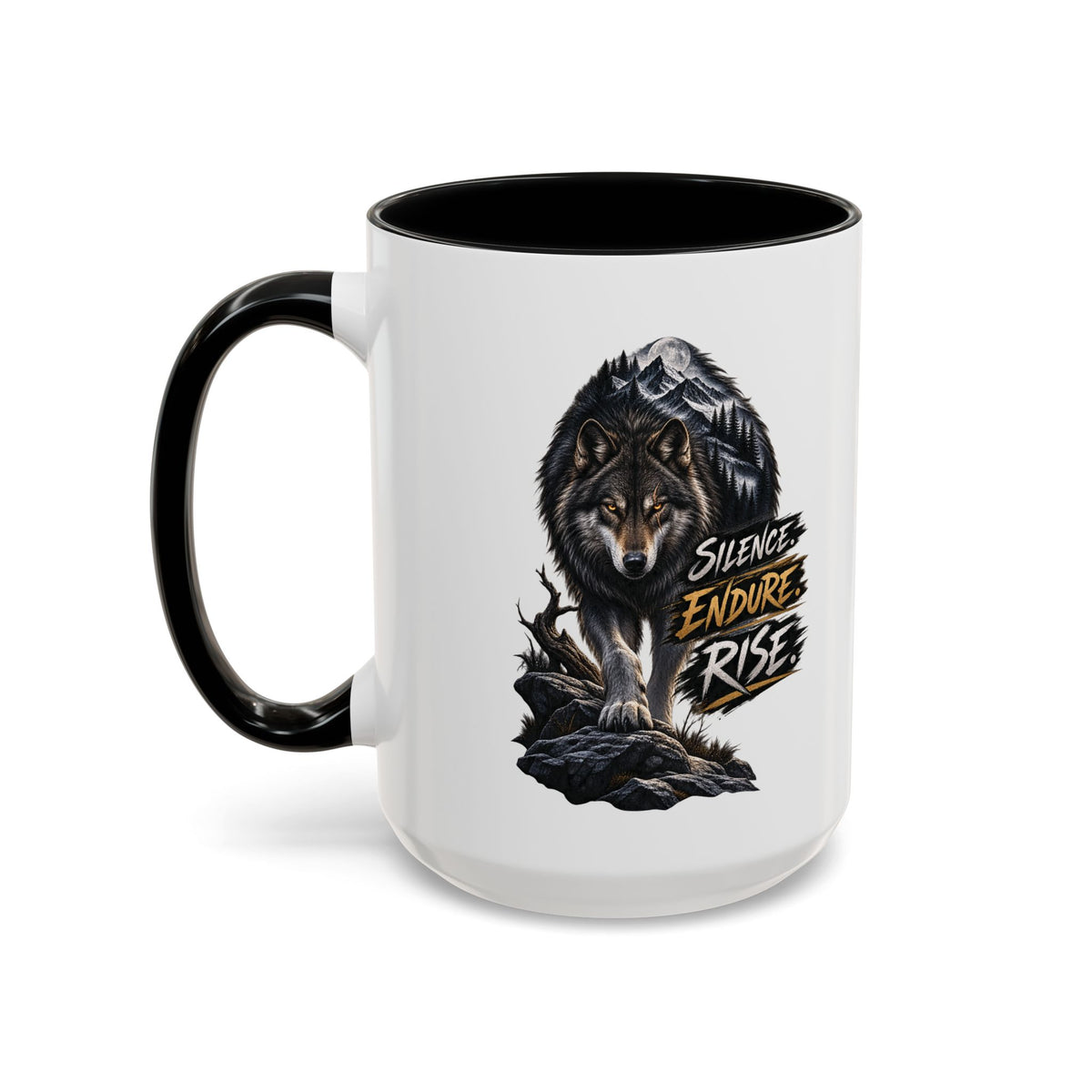 Wolf Graphic Coffee Mug — "Silence Endure Rise" Accent Ceramic Mug (11/15oz)