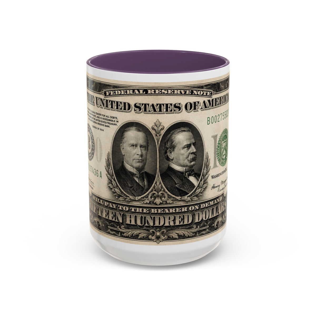 Money Print Coffee Mug — Vintage 1000 & 500 Note Accent Mug