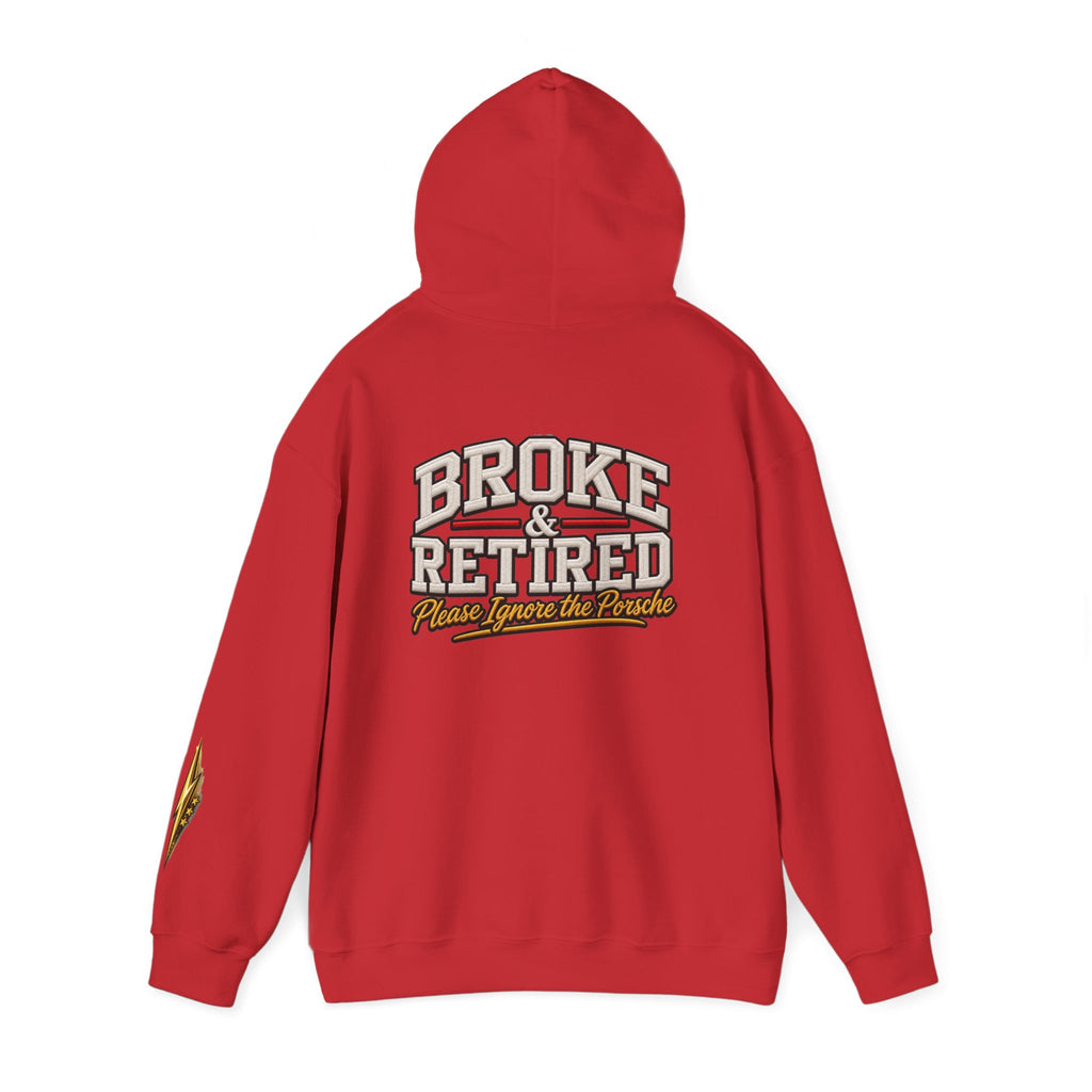 Broke & Retired Hoodie — 'Please Ignore the Pockets' Graphic Sweatshirt
