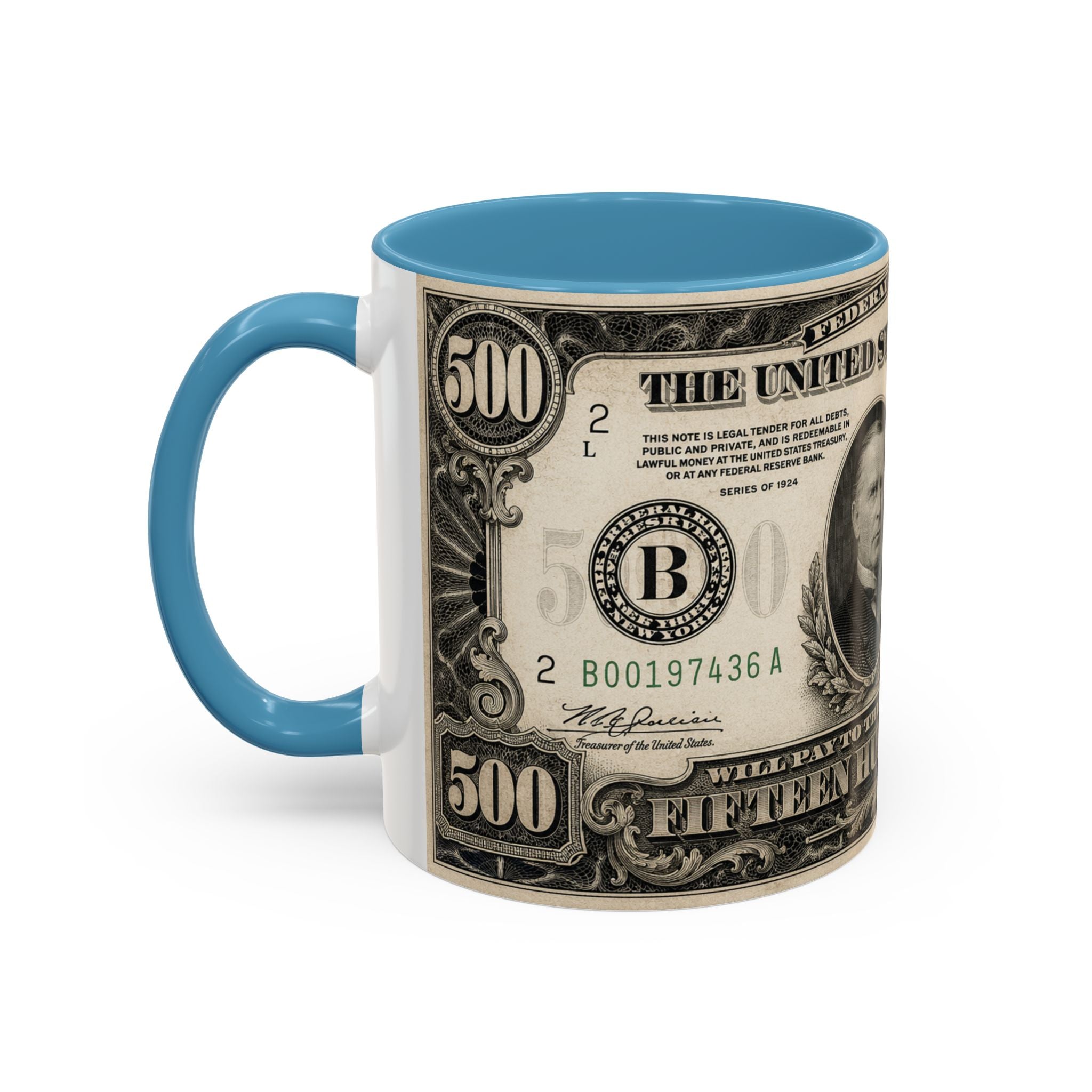 Money Print Coffee Mug — Vintage 1000 & 500 Note Accent Mug