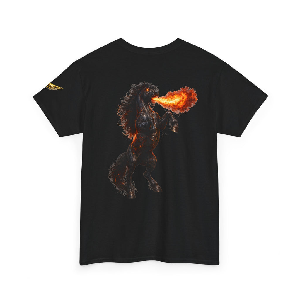 Fire-Breathing Horse Graphic Tee — Mythic Black Stallion Back Print