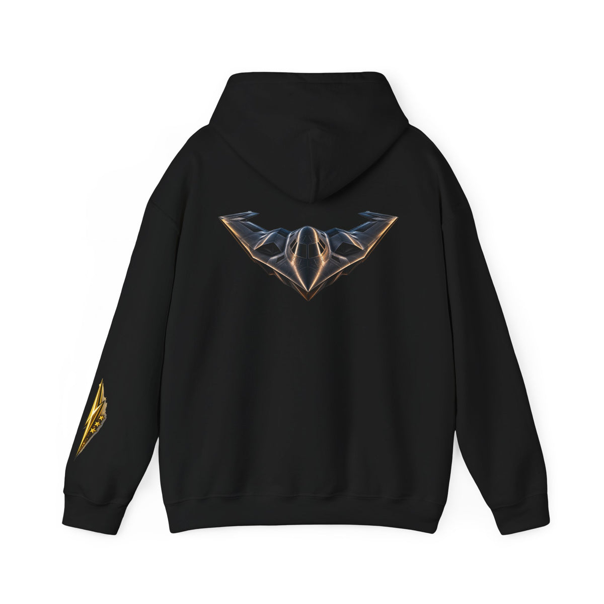 Emblem Armor Hoodie — Black Metallic Crest Back Jet Graphic Hoodie