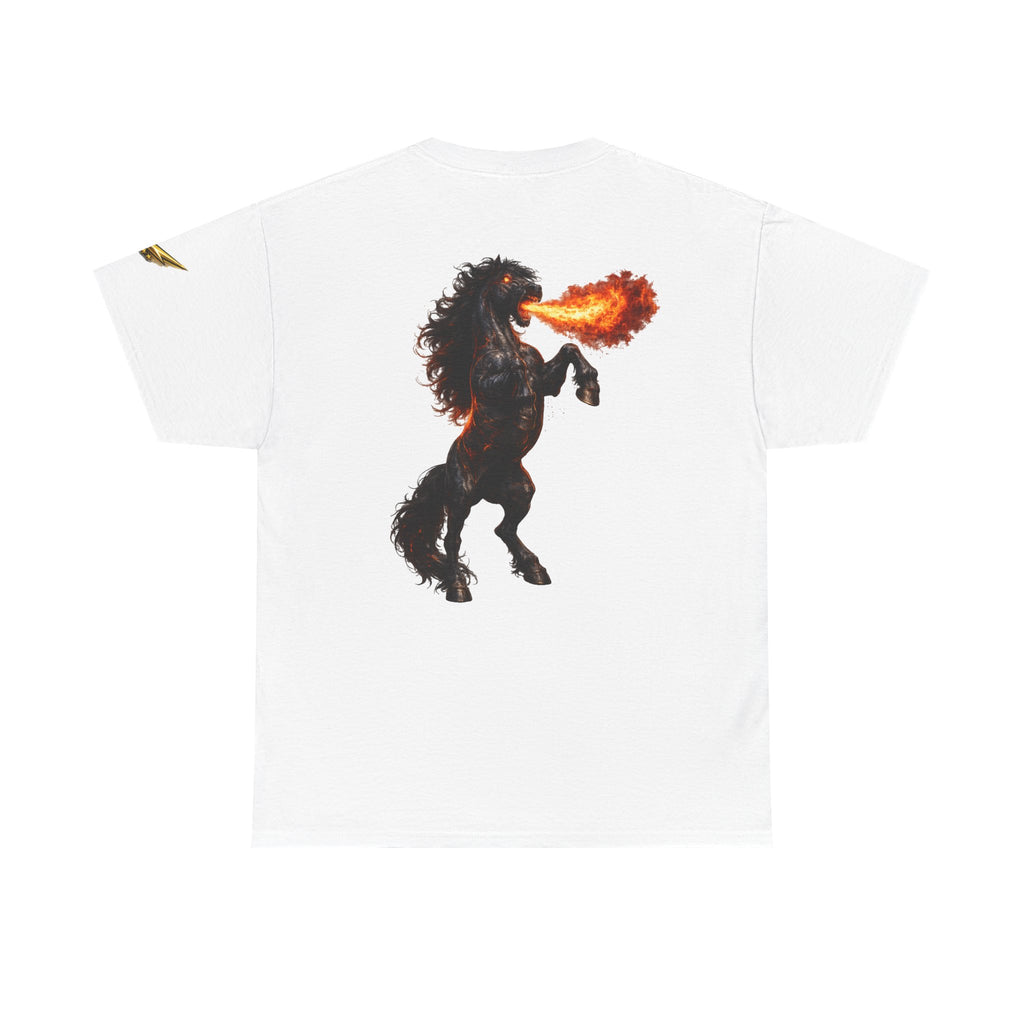 Fire-Breathing Horse Graphic Tee — Mythic Black Stallion Back Print