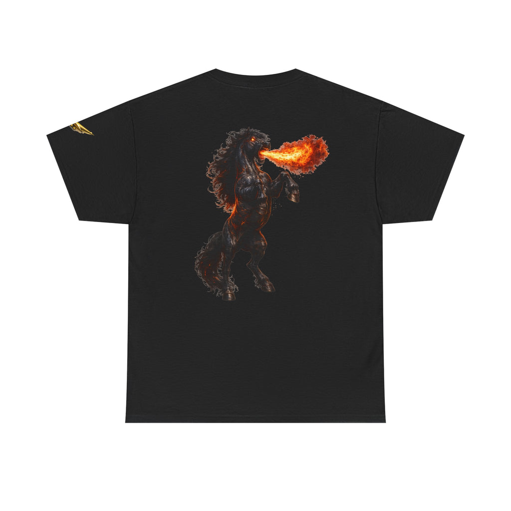 Fire-Breathing Horse Graphic Tee — Mythic Black Stallion Back Print