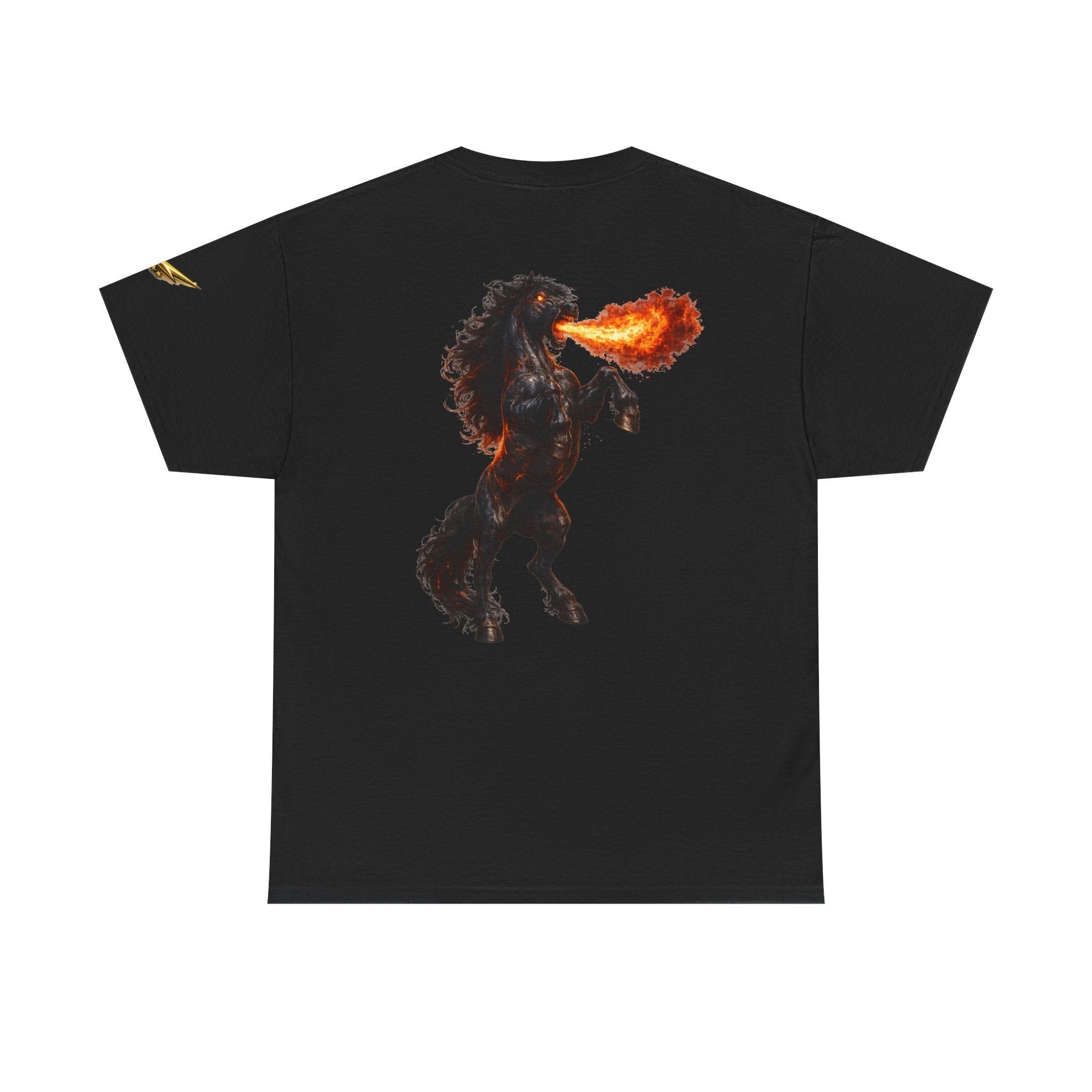 Fire-Breathing Horse Graphic Tee — Mythic Black Stallion Back Print