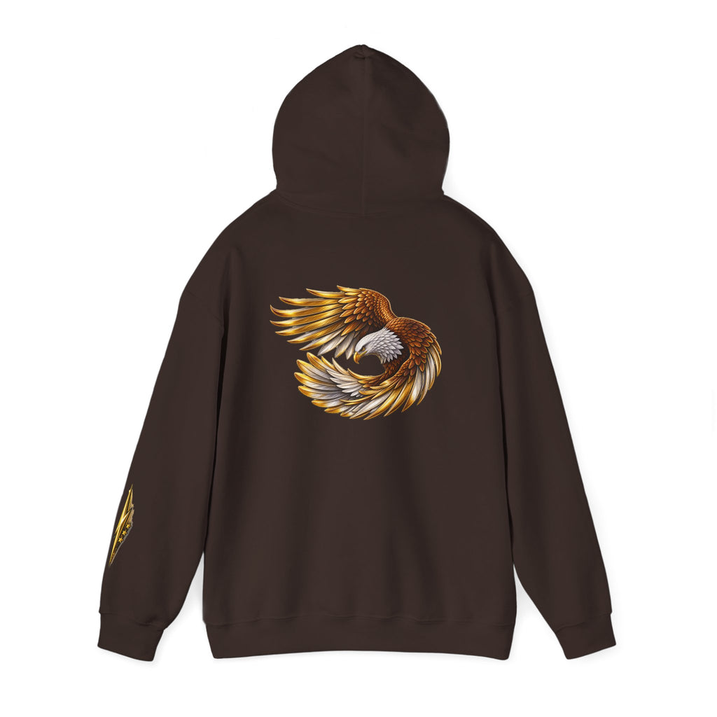 Eagle Wing Circle Hoodie — Golden Flying Eagle Back Graphic Sweatshirt
