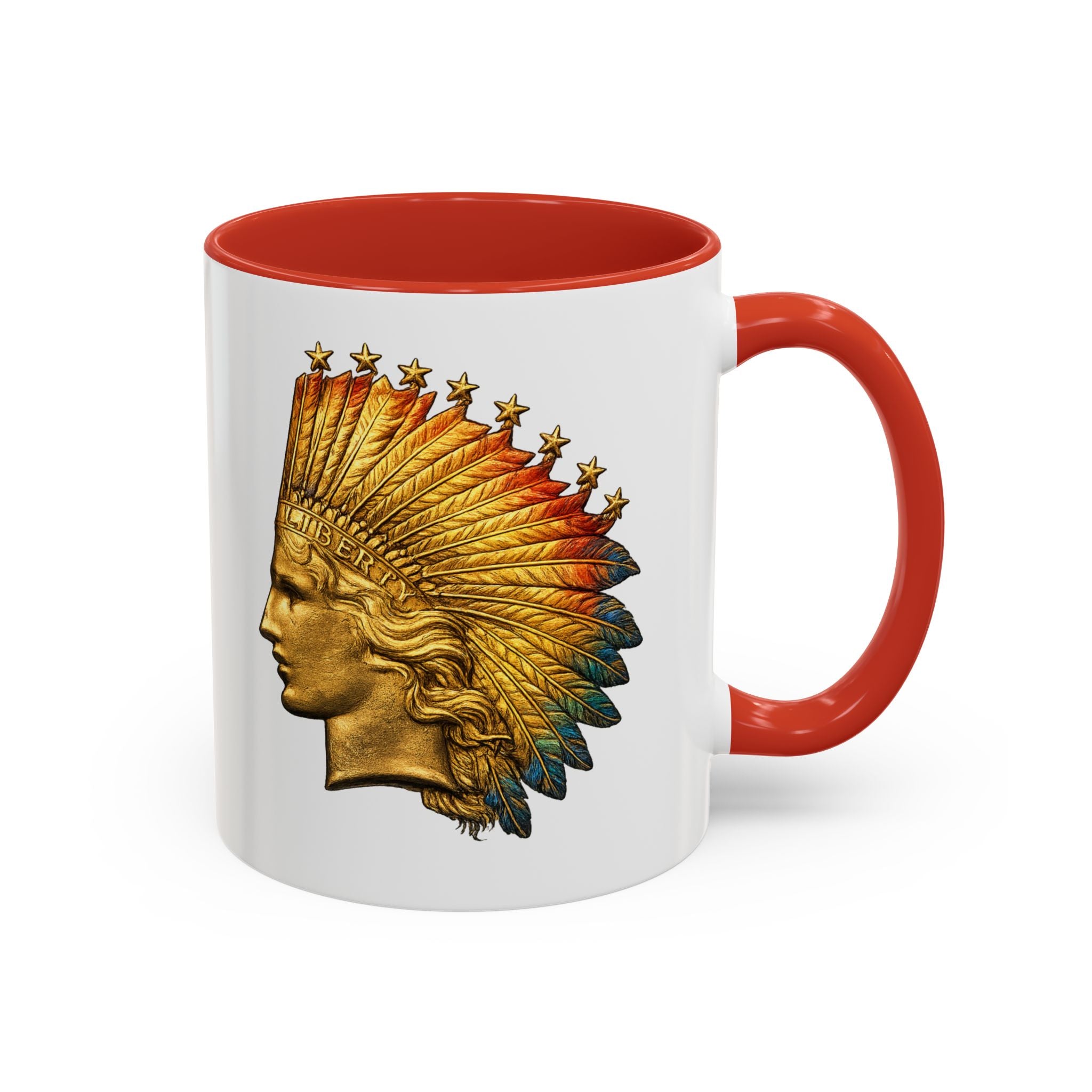 Golden Native Headdress Accent Coffee Mug – Vintage Indian Chief Design (11/15oz)