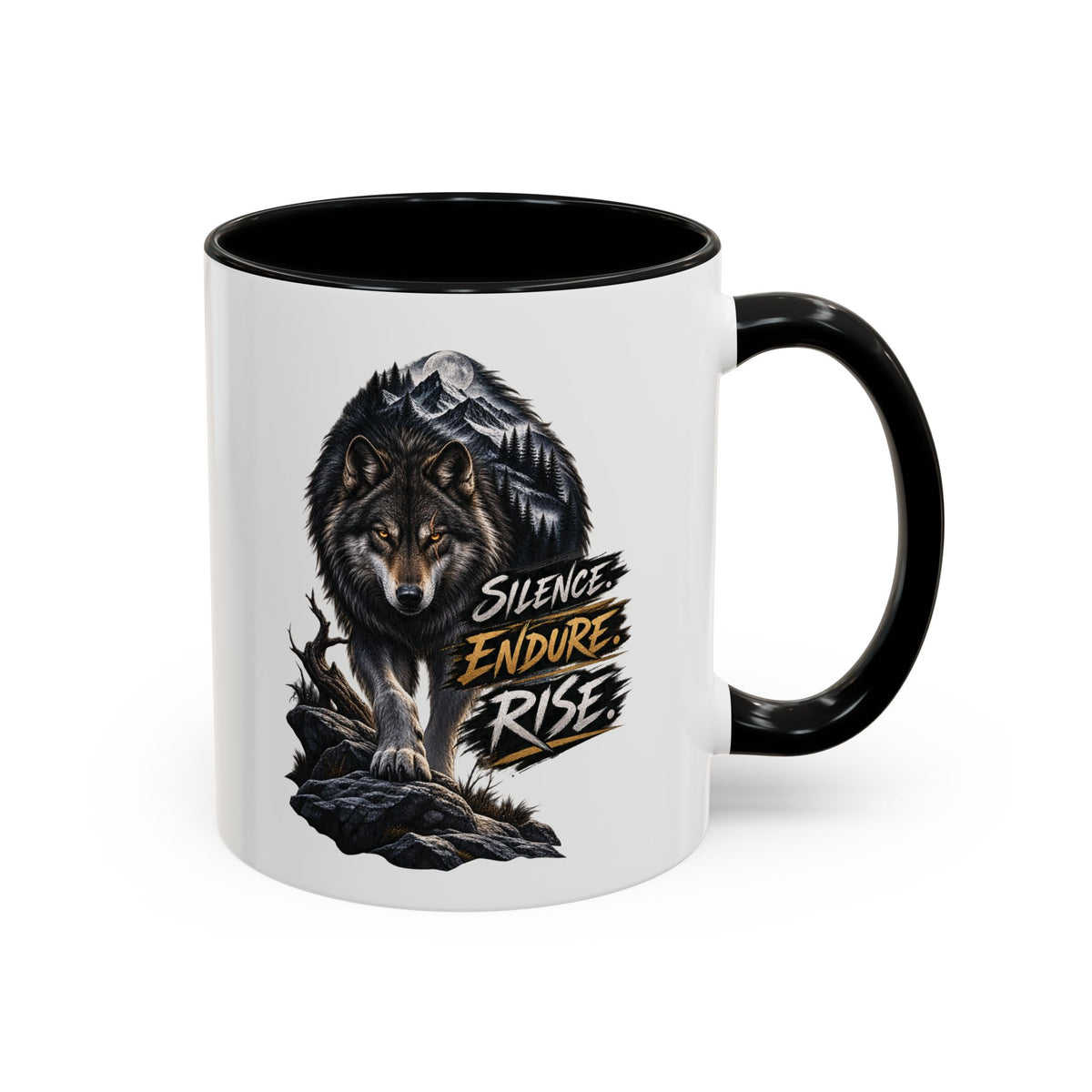 Wolf Graphic Coffee Mug — "Silence Endure Rise" Accent Ceramic Mug (11/15oz)