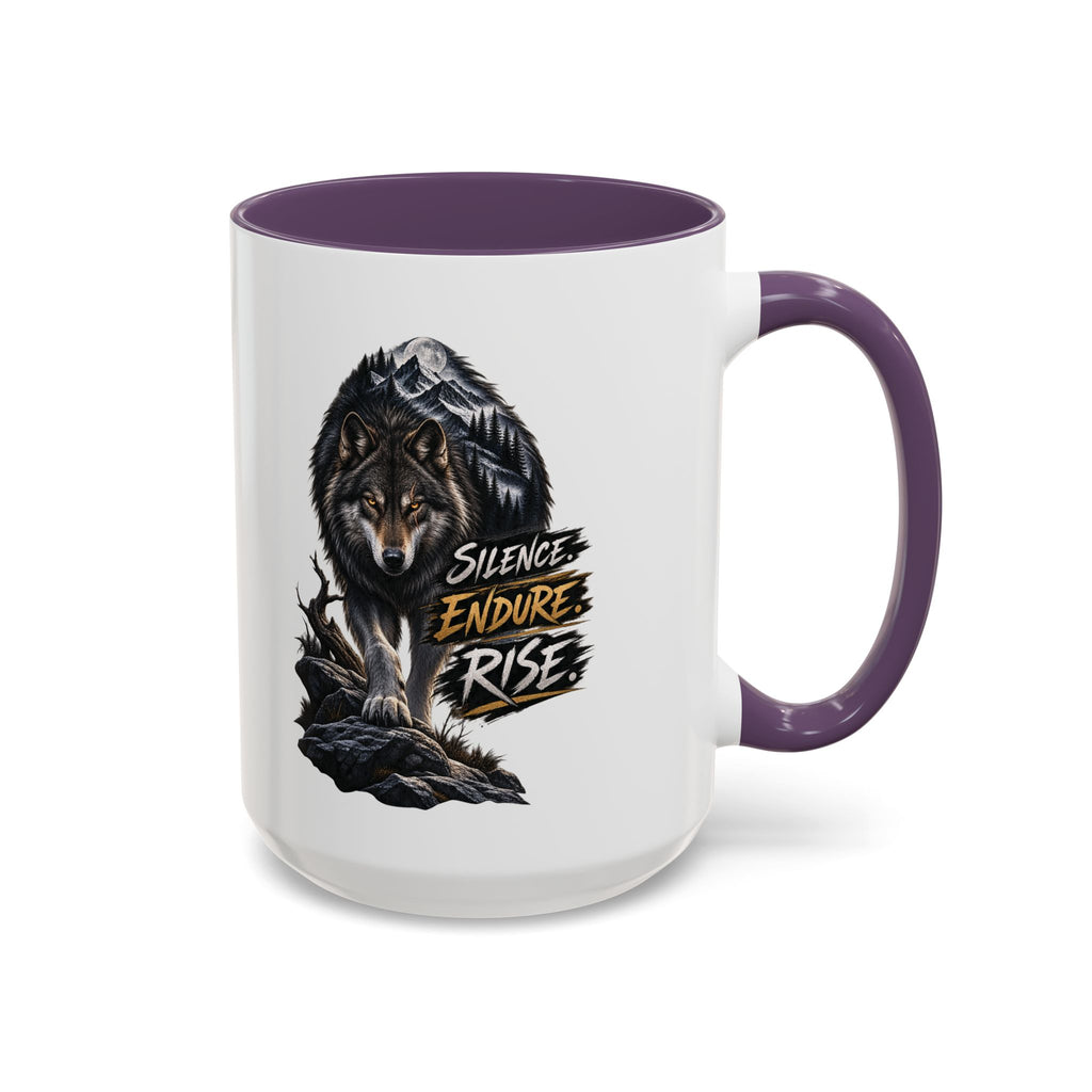 Wolf Graphic Coffee Mug — "Silence Endure Rise" Accent Ceramic Mug (11/15oz)