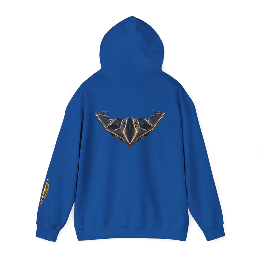Emblem Armor Hoodie — Black Metallic Crest Back Jet Graphic Hoodie