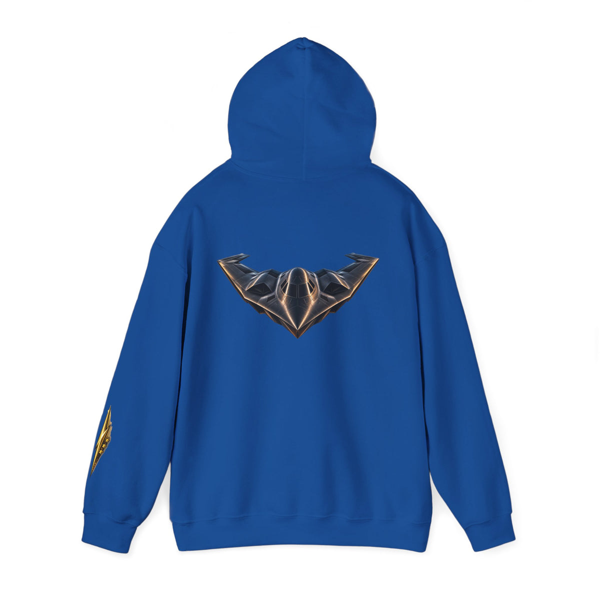 Emblem Armor Hoodie — Black Metallic Crest Back Jet Graphic Hoodie