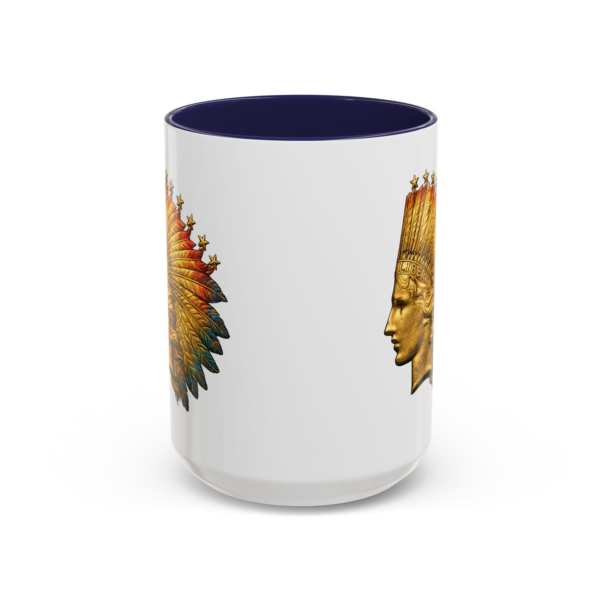 Golden Native Headdress Accent Coffee Mug – Vintage Indian Chief Design (11/15oz)