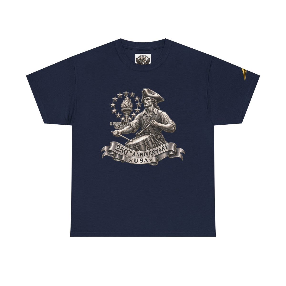 250th Anniversary USA Patriotic T‑Shirt — Revolutionary Soldier & Waving Flag Tee