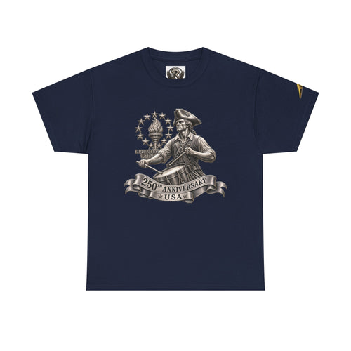 250th Anniversary USA Patriotic T‑Shirt — Revolutionary Soldier & Waving Flag Tee
