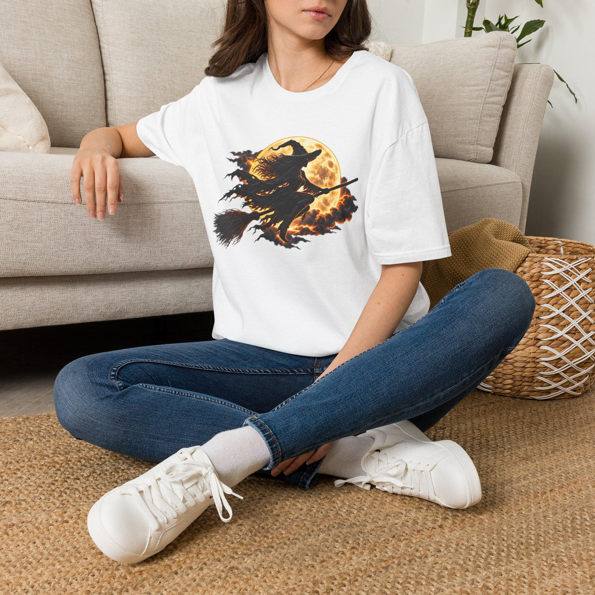 Witch Silhouette T-Shirt — Flying Witch & Full Moon Halloween Tee