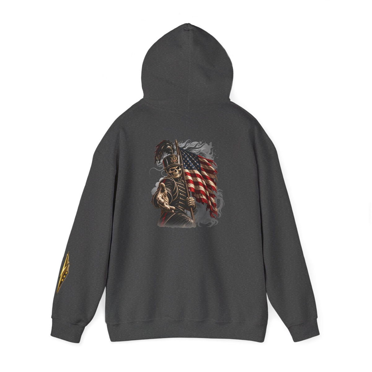 Patriotic Warrior Hoodie — American Flag Skull Back Graphic
