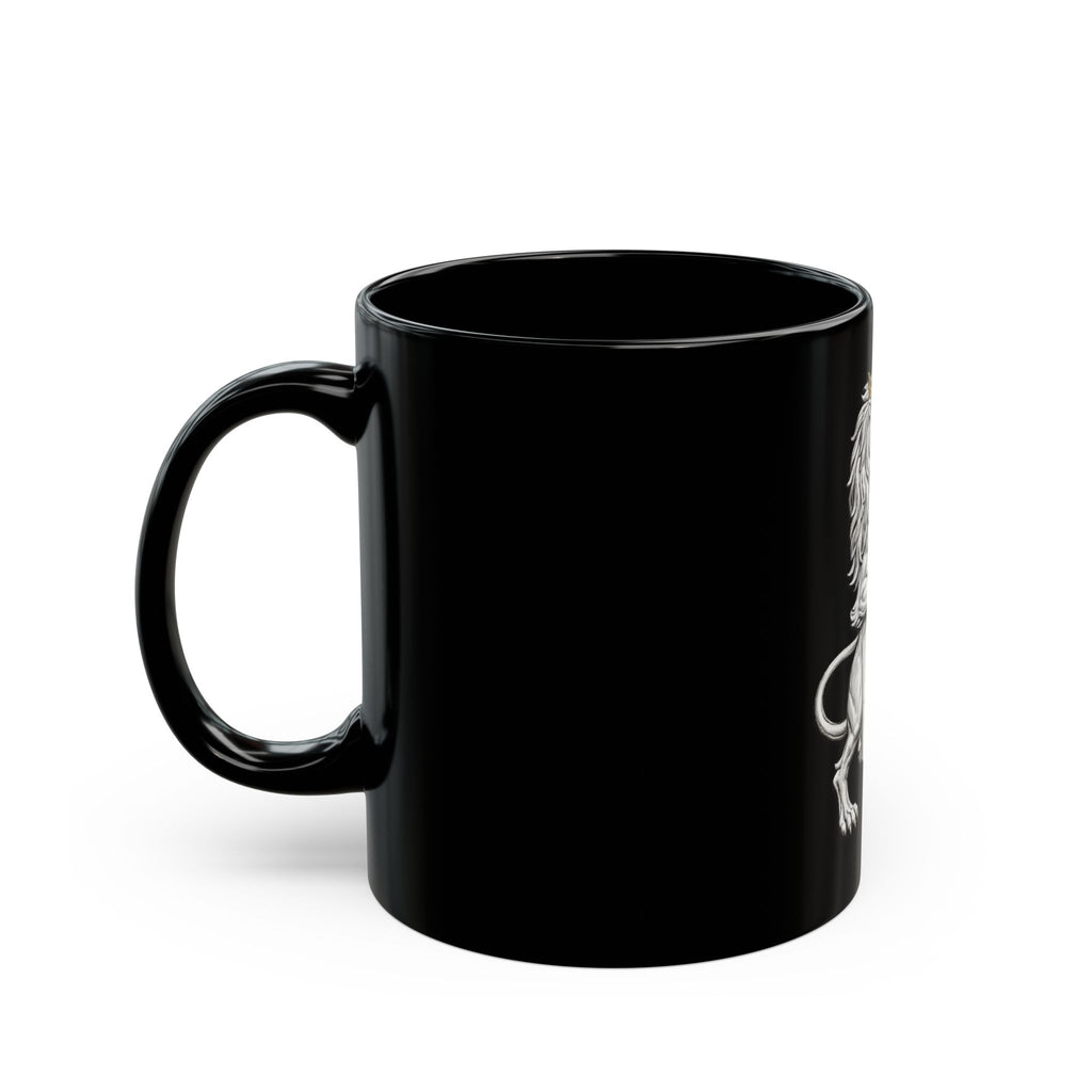 Regal Lion Crest Black Mug – Crowned Lion with Sun Shield, Medieval Heraldry Coffee Cup